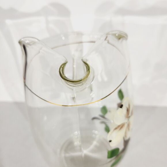 Vtg Art Glass Pitcher Hand Painted Floral Flowers White Brown MCM 9in - Picture 4 of 12